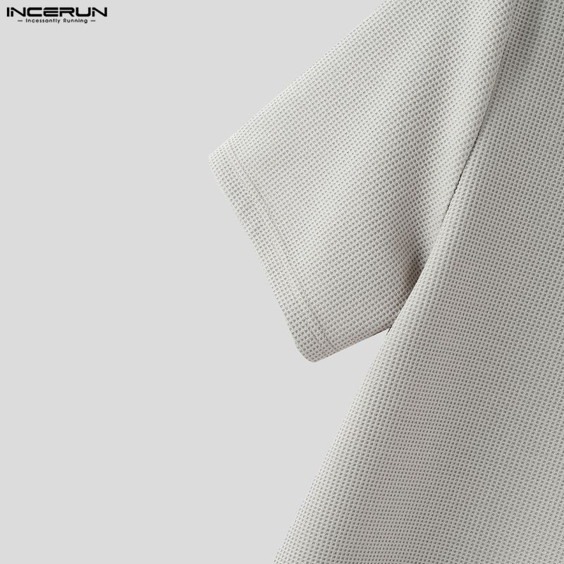 INCERUN Мужские повседневные футболки с коротким рукавом и воротником-стойкой, однотонные, вафельной текстуры
