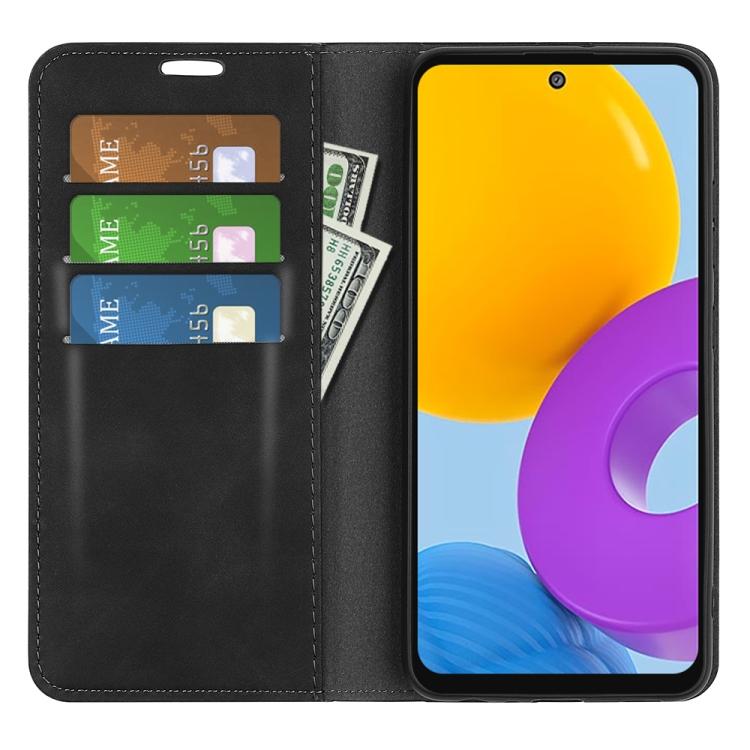 Для Samsung Galaxy M52 5G кожаный чехол в стиле ретро с магнитной присоской, держателем, отделениями для карт и кошельком(черный)