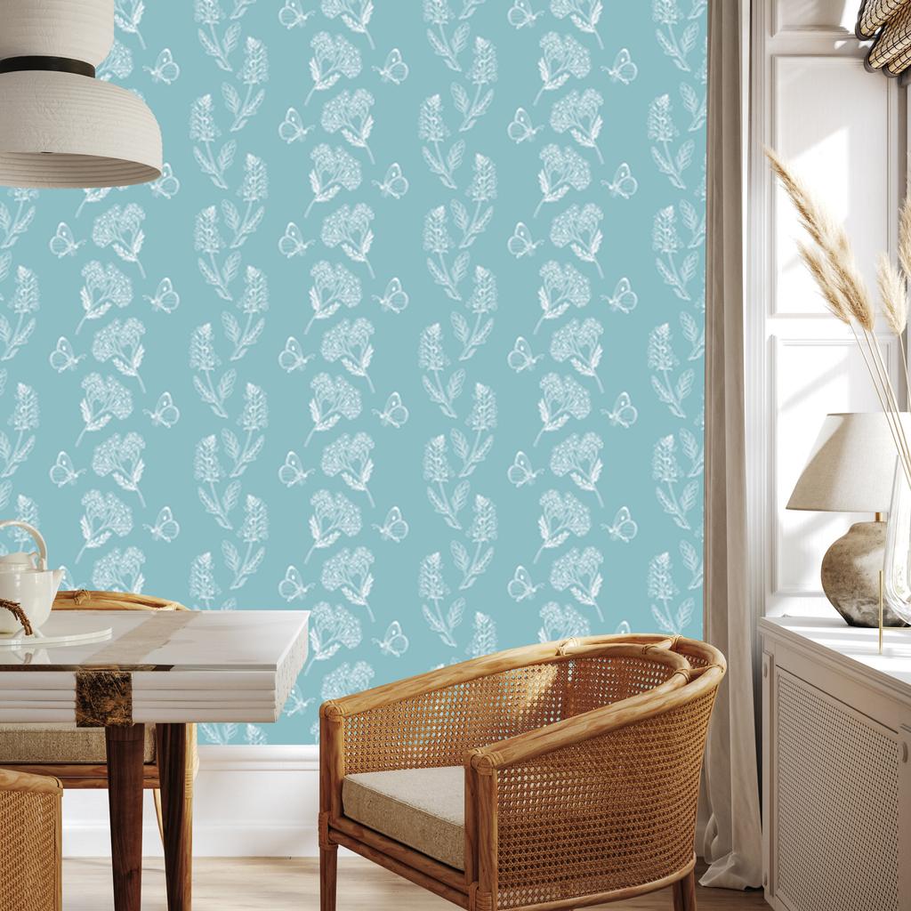 Herbs and butterflies wallpaper on a turquoise background for the living room and bedroom 50x1000
