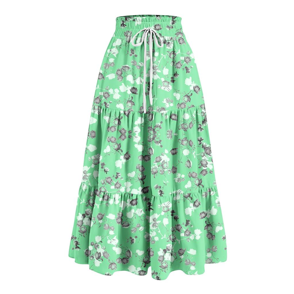 Women's Ruffled Spring Casual Long Skirt Plain Color Skirt Retro Pleated Skirt