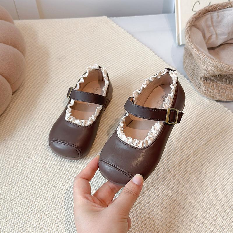 Весна 2026 Детские кожаные туфли Мэри Джейн с кружевной отделкой - Нескользящие, Мягкая подошва, Туфли для маленьких принцесс
