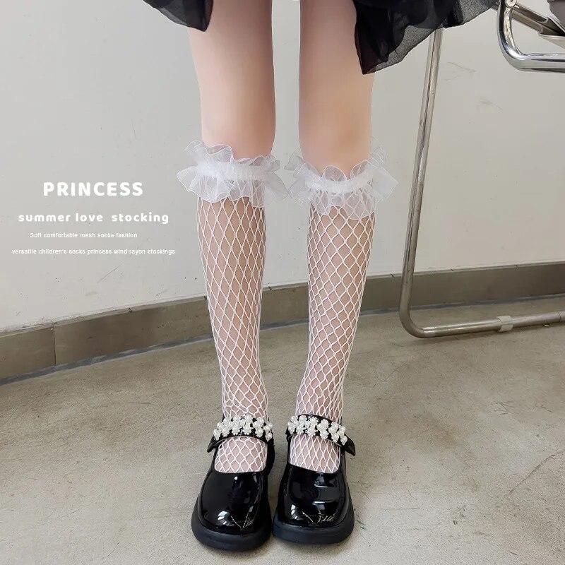 Children Girl Calf Sock Lace Lolita White Black Color Knee High Sock for Kids Girl Summer Fishnet Mesh Sock Clothes Accessories