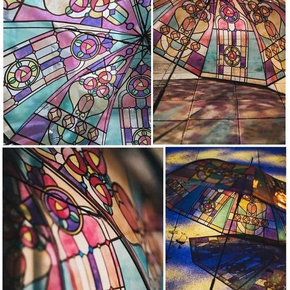 Hand-Painted Design Transparent Umbrella Stained Glass Print Automatic Umbrella  Rain Protection
