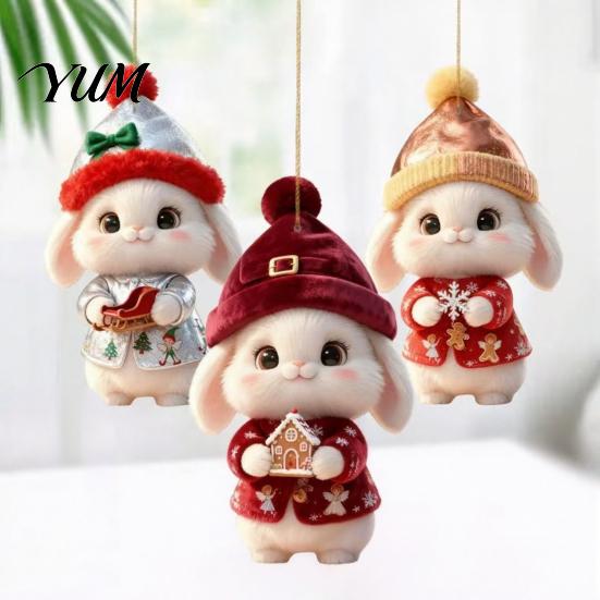 Lightweight Wooden Holiday Ornaments Christmas Bunny Ornament, 2D Flat Rabbit Hanging Decor with Santa Unique Tree Hat, Pendant for Wreath Door,