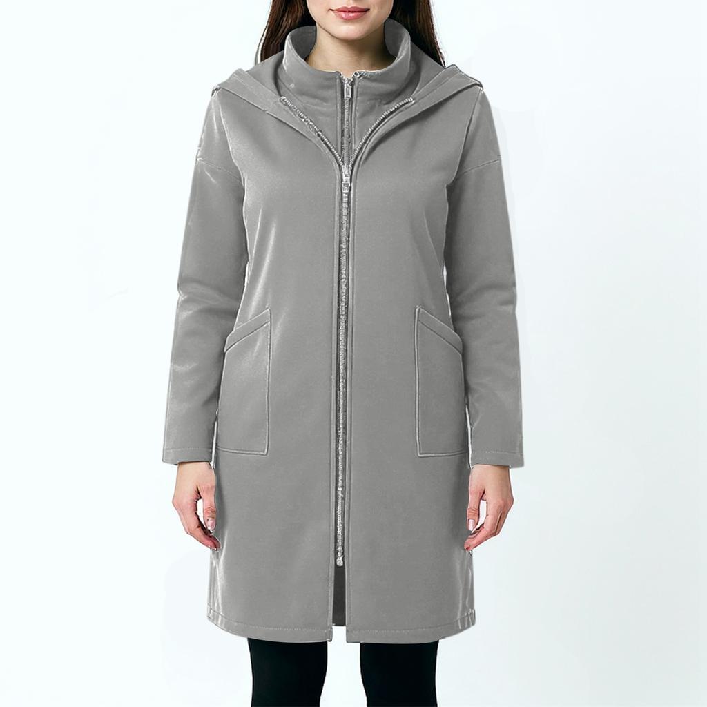 Women's Fashion Casual Solid Color Hooded Pocket Long Sweatshirt With Zipper, Mid-Length Fake Two-Piece Loose Coat