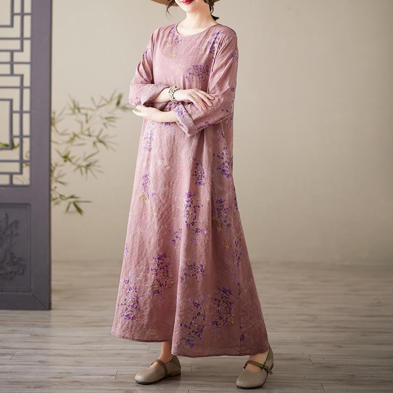 Весеннее литературное платье больших размеров с принтом, круглым вырезом и длинными рукавами для женщин