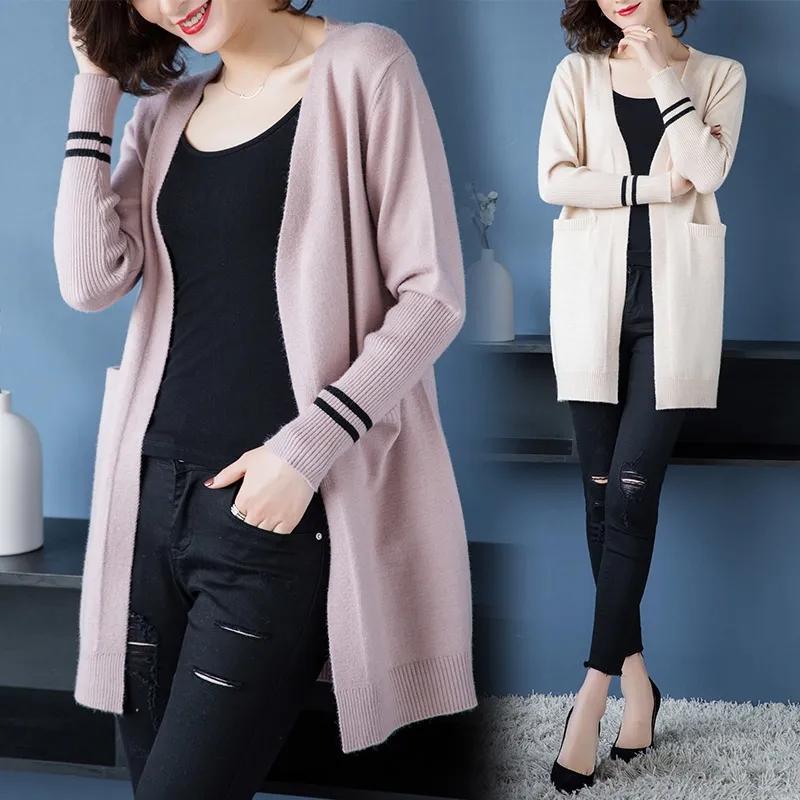 Женский весенне-осенний вязаный кардиган с длинным абзацем, корейская версия верхнего свитера с длинными рукавами, женский однотонный кардиган