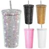 Glitter Tumbler with Brush Rhinestones Studded Tumbler Stainless Steel Insulated Bottle Sparkling Thermal Cup Birthday Gifts for Mom Wife