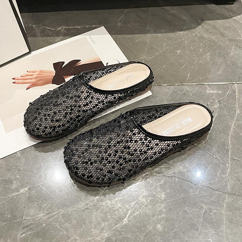 Женская обувь Летняя новая модная обувь в серебряных блестящих тапочках Baotou на плоской подошве, дизайнерские сандалии