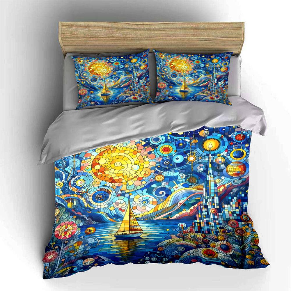 Colorful Stained Glass Bedding Set 3Pcs Abstract Mosaic Ocean Sailboat Print 1 Duvet Cover + 2 Pillowcases for Art Lovers