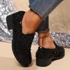 Women's Sequin Loafers - Black Glitter Slip-On Shoes with Chunky Heel, Breathable Fabric Upper & PU Sole, Comfortable Casual Nurse Shoes