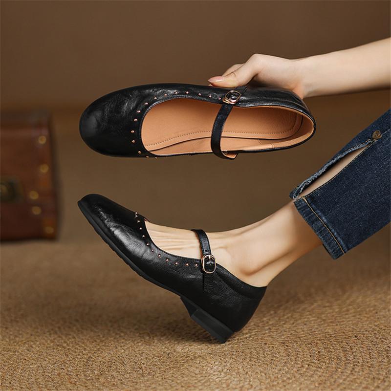 Модная новая весенне-летняя обувь Мэри Джейн, туфли из натуральной кожи для женщин, модные туфли-лодочки с заклепками и круглым носком, на толстом каблуке