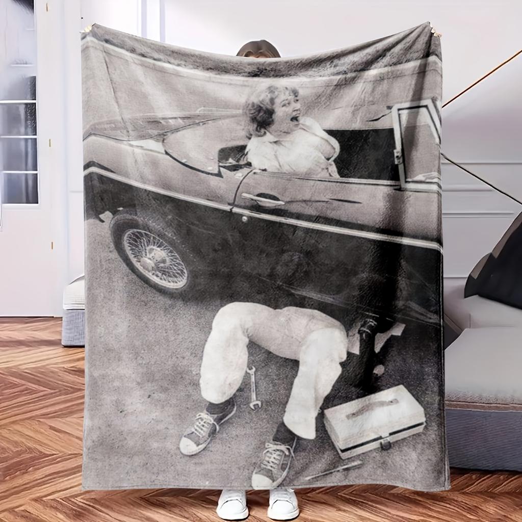 Woman Sitting in Back of Car - Themed Blanket - Comfortable Flannel Fabric Hypoallergenic Suitable for All Seasons - Ideal for Sof