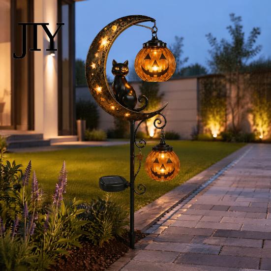 Solar Halloween Garden Stake Lights Light, Black Cat Pumpkin on Crescent Moon with Weather Resistant Fall Ornaments Hanging Lantern, Waterproof