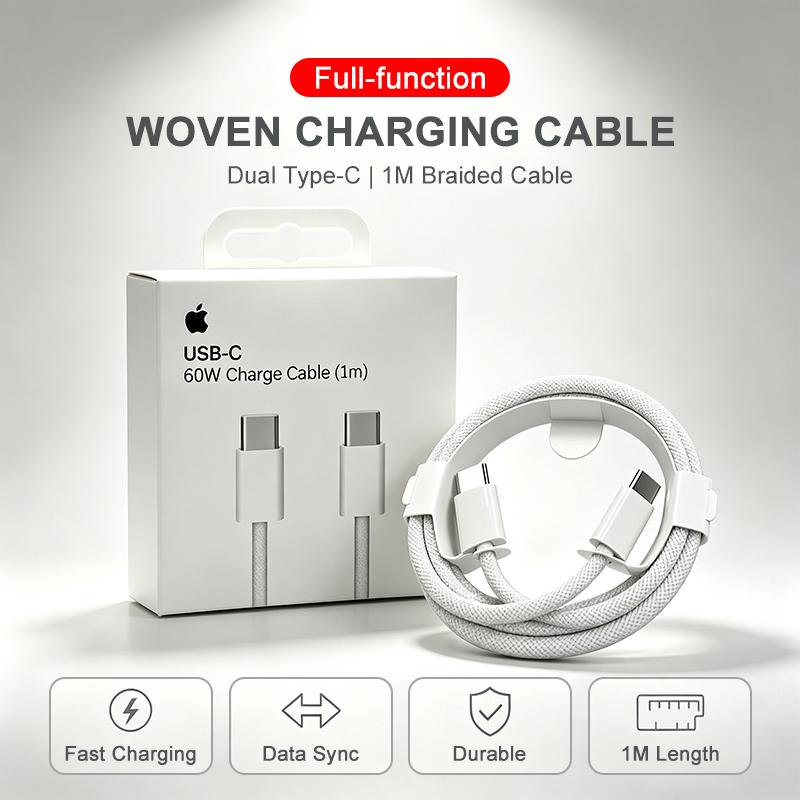 Оригинальный кабель Apple 60 Вт USB-C на USB-C для быстрой зарядки, 1 м, плетеный, Type C, с защитой Smart Chip, совместим с CarPlay, для iPhone, Samsung