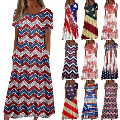 Женское летнее повседневное модное платье с коротким рукавом и карманом на День независимости с коротким рукавом