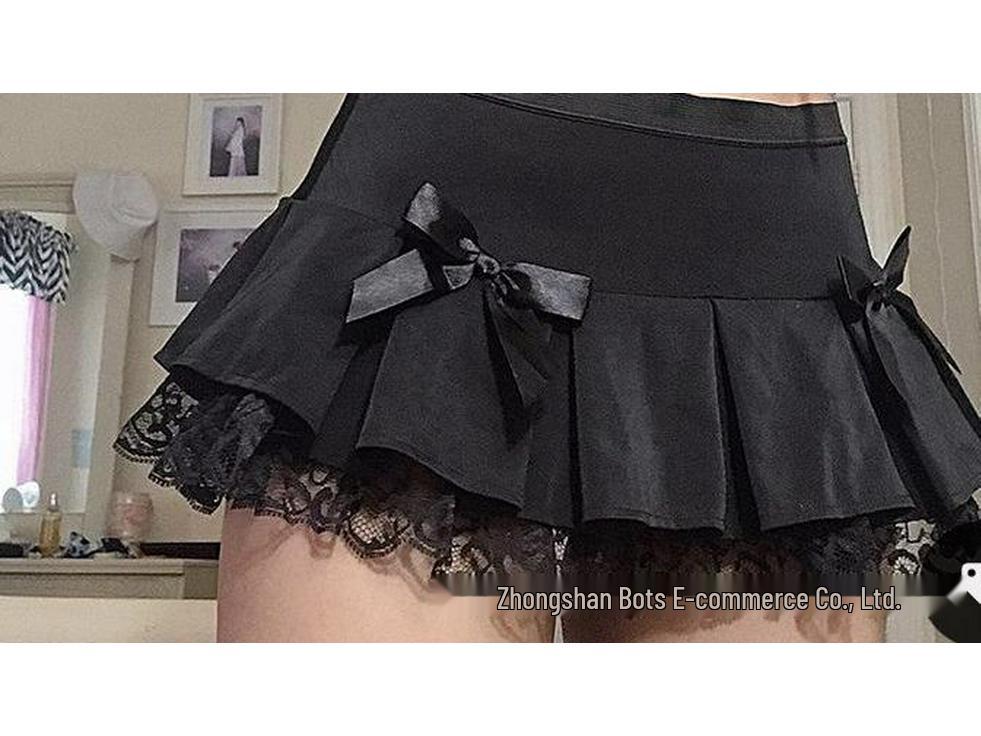 Korean Style Lace Trim Pleated Bow Ruffle Slimming Short Skirt