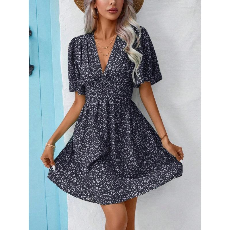 YYFS Women's Fashion Summer Spring Flower Pattern Print Short Sleeve V-Neck High Waist Casual Dresses