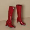 Women's Red Patent Leather Chunky Heel Boots - Autumn/Winter 2025 Collection, Metal Anti-Collision Square Toe, Elastic, Sexy Long Design.