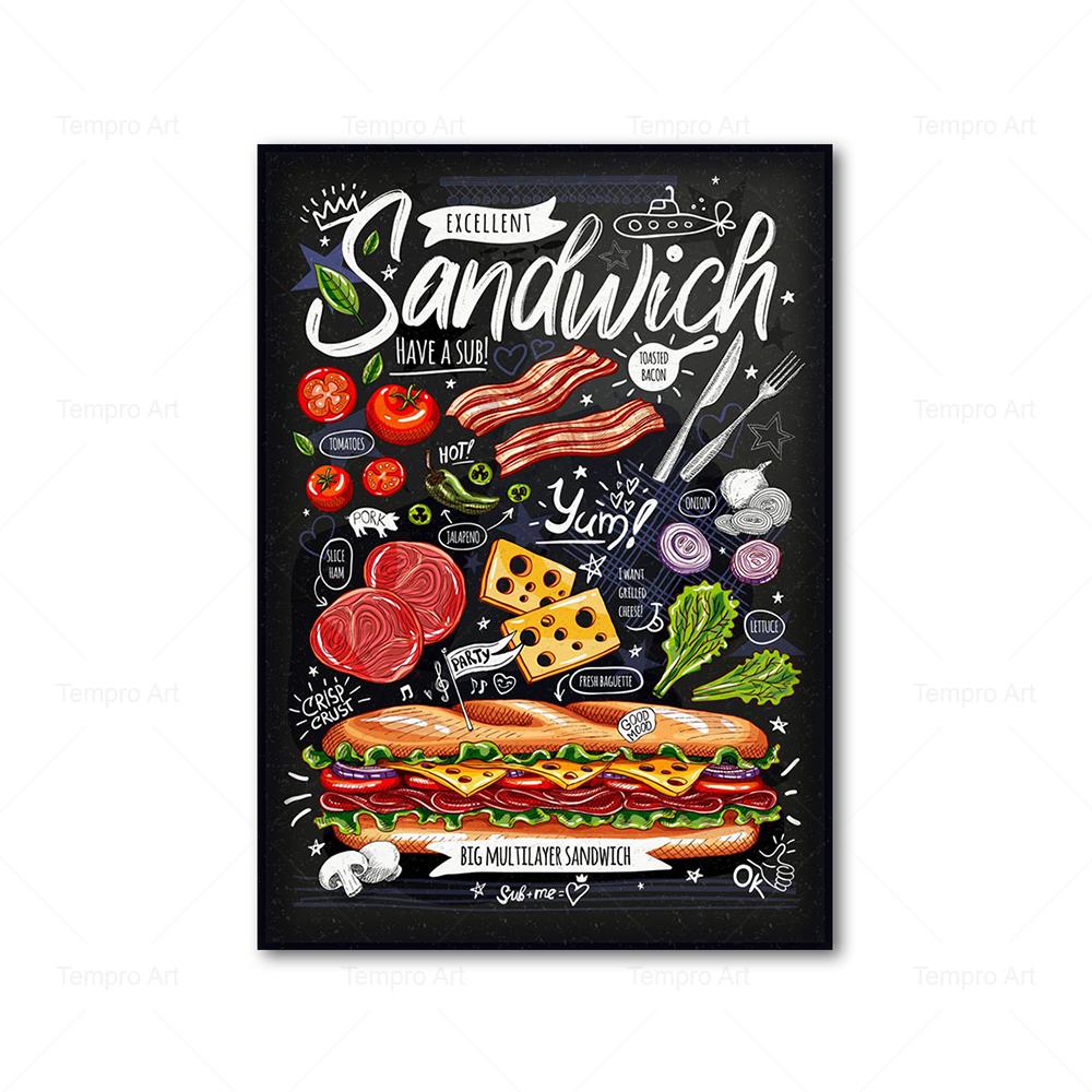 Декор для кухни, пицца, сэндвич, гамбургер, постер с едой, холст, живопись, принты, скандинавские настенные художественные фотографии, украшение для ресторана, дома