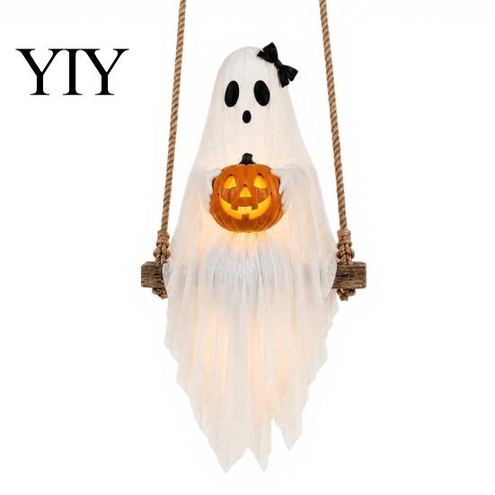 Decorative Props for Festivals Halloween Lighted Ghost Swing with Glowing Pumpkin, Hanging Spooky Decor Gathering Decorations Porch Yard, LED Floating