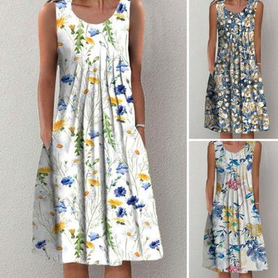 Платье с цветочным принтом и круглым вырезом, плиссированный дизайн, пуловер с короткими рукавами, элегантная повседневная одежда, женское летнее повседневное свободное пляжное платье больших размеров, одежда для отдыха