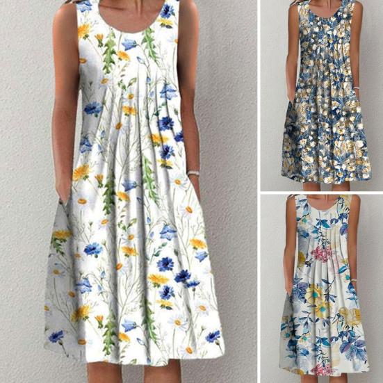 Платье с цветочным принтом и круглым вырезом, плиссированный дизайн, пуловер с короткими рукавами, элегантная повседневная одежда, женское летнее повседневное свободное пляжное платье больших размеров, одежда для отдыха