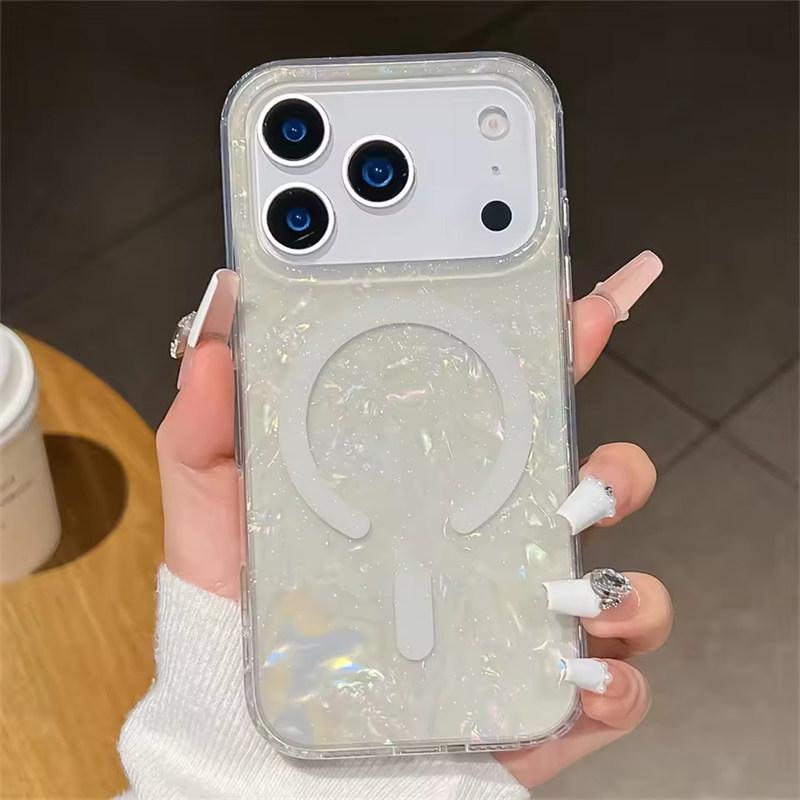 Магнитный мягкий ПК-чехол с текстурой блестящей ракушки для Magsafe iPhone 17 16 15 14 13 12 Pro Max Plus 11 Беспроводная зарядка Задняя крышка телефона