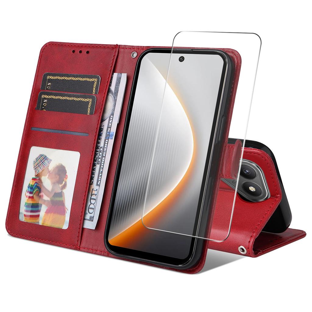 For TECNO Pova 7 4G PU Leather Wallet Case Phone Stand Cover with Tempered Glass