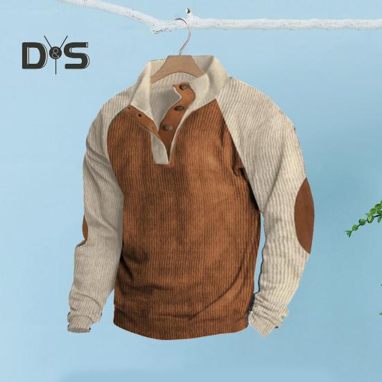 Весна Осень Мужская Толстовка Цветные Блоки Пэчворк Ретро Стиль Полуоткрытый Воротник-стойка Топ Плюс Размер Свободный Длинный Рукав Топ Повседневная Жизнь Офис