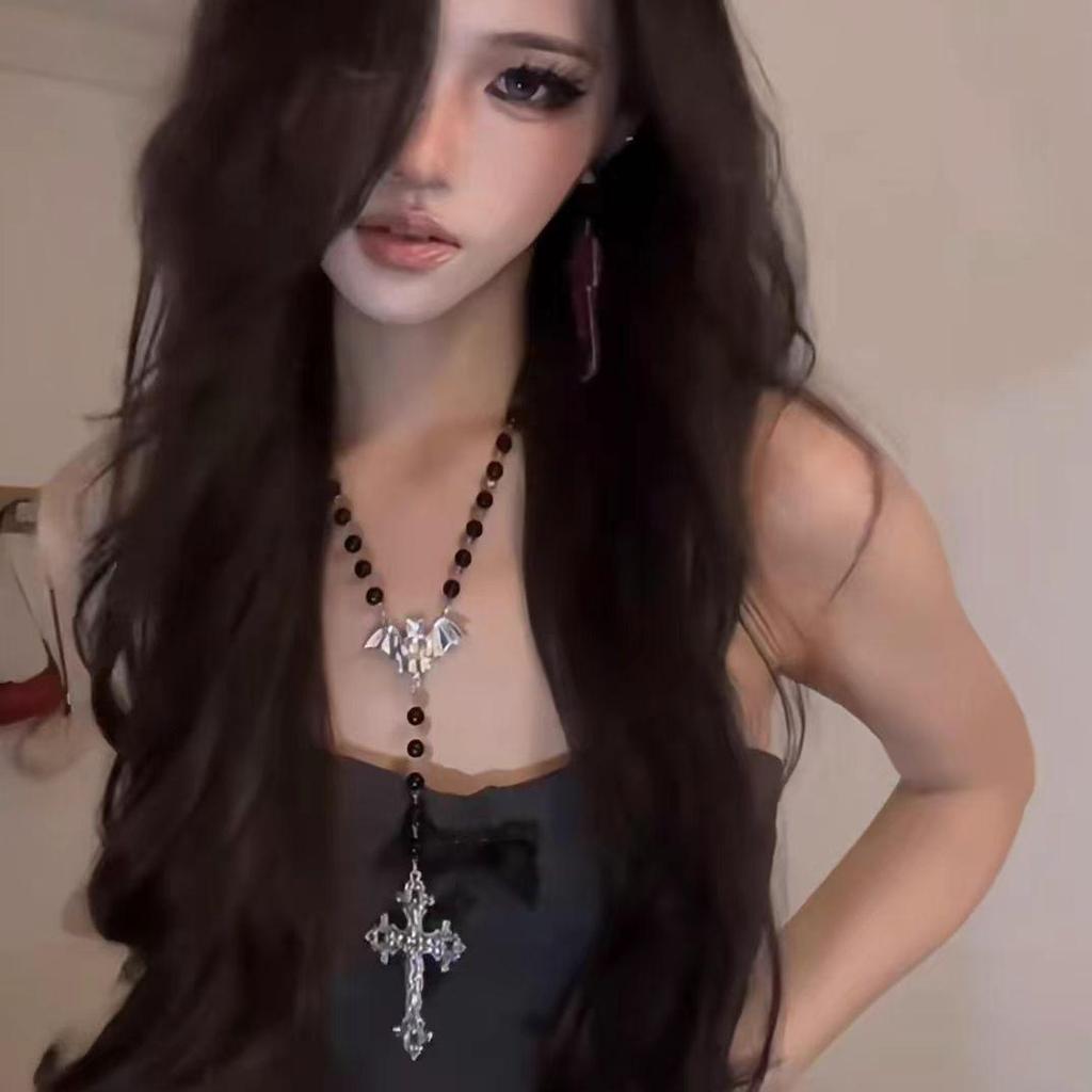 Ожерелье с крестом из бисера Y2K - европейский и американский стиль, дизайн в виде черной летучей мыши, классная цепочка на ключицу