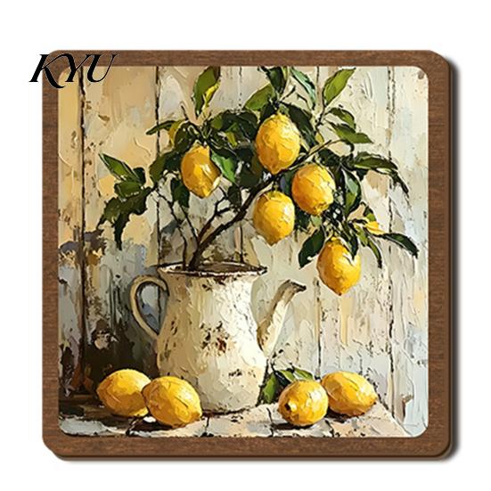 Rustic Wooden Table Sign Vintage Lemon Oil Painting Tabletop Sign, Pastoral Farmhouse Decorative Plaque with Small Piece for Study Iron Stand, Desktop