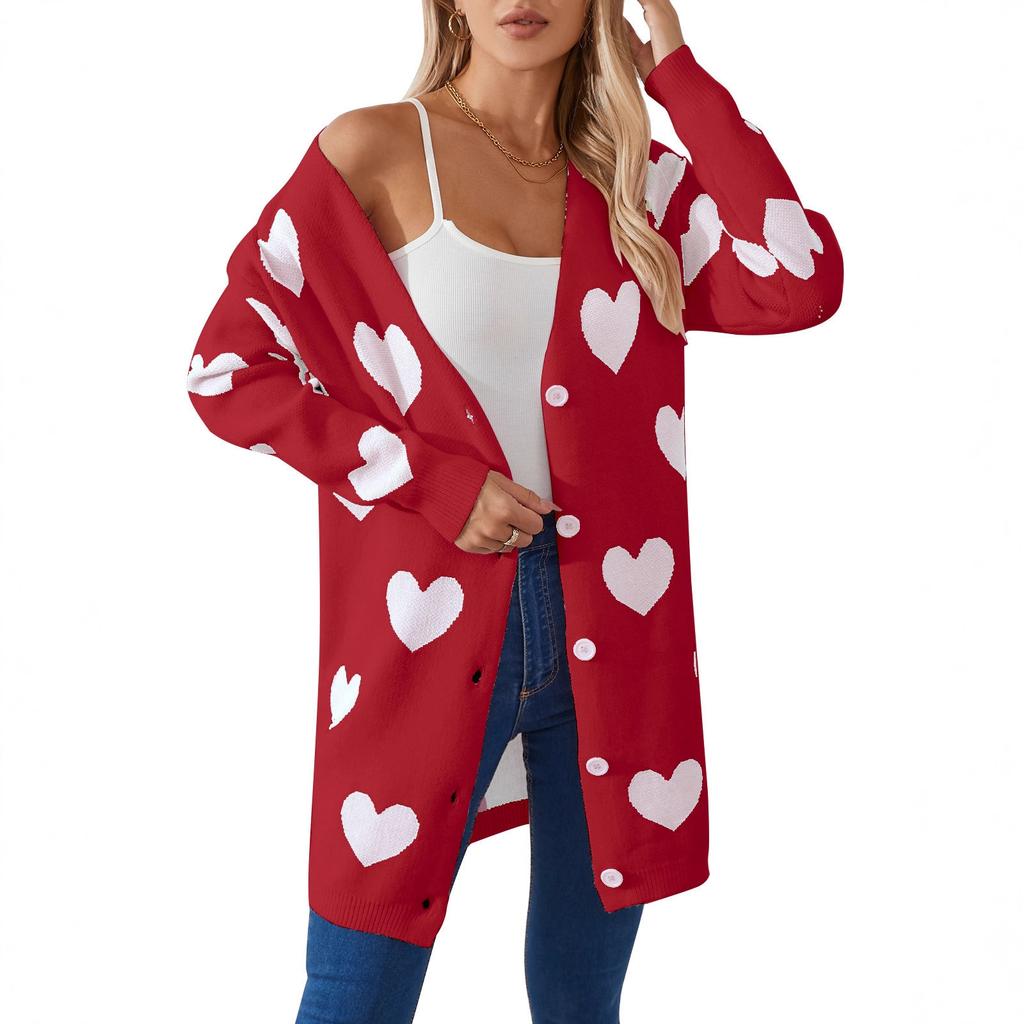 European And American New Valentine'S Day Sweater Women'S V-Neck Button Love Knitted Cardigan Medium And Long Coat