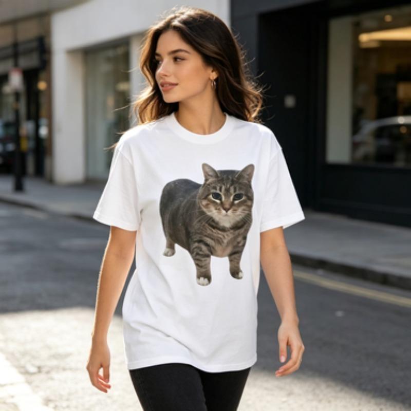 Unisex Print Tshirt Cute Tabby Cat Graphic Casual Short Sleeve Round Neck Animal Top White Black