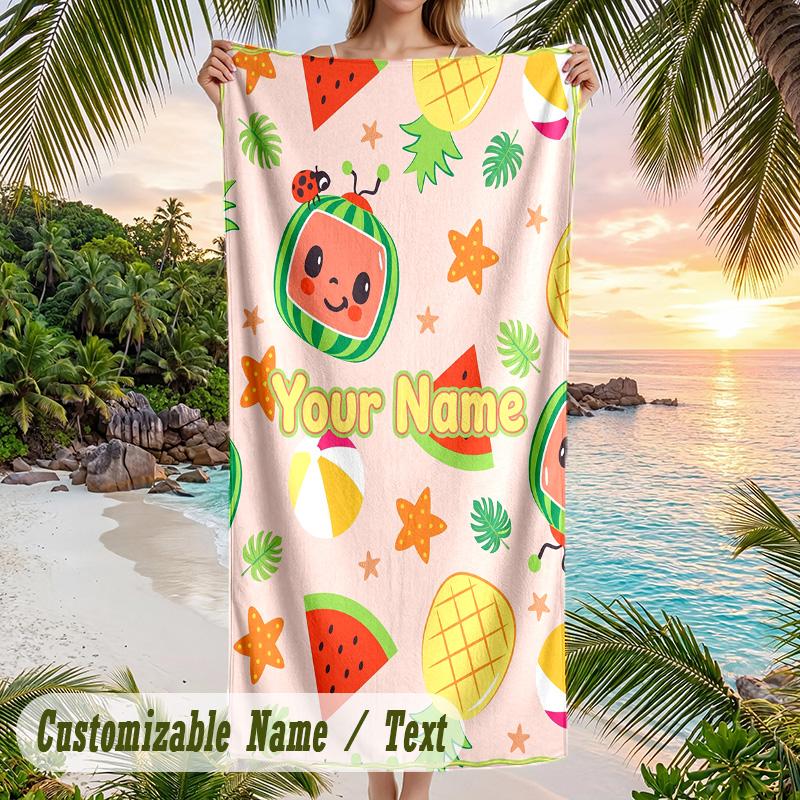 Cocomelon Beach Towel, Personalized Custom Text, Quick Dry Soft Large Towel For Swimming Pool Travel