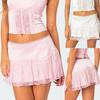 Women Mini Skirt Low-rise Lace Stitching Elastic Layered Pleated Ruffle Short Skirt A-Line Flowy Floral Hem Skirt