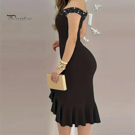 Evening Dress Off Shoulder Sheath Sleeveless Irregular Ruffle Hem Slim Fit Solid Color Faux Pearl Decor Midi Dress for Party Prom Wedding