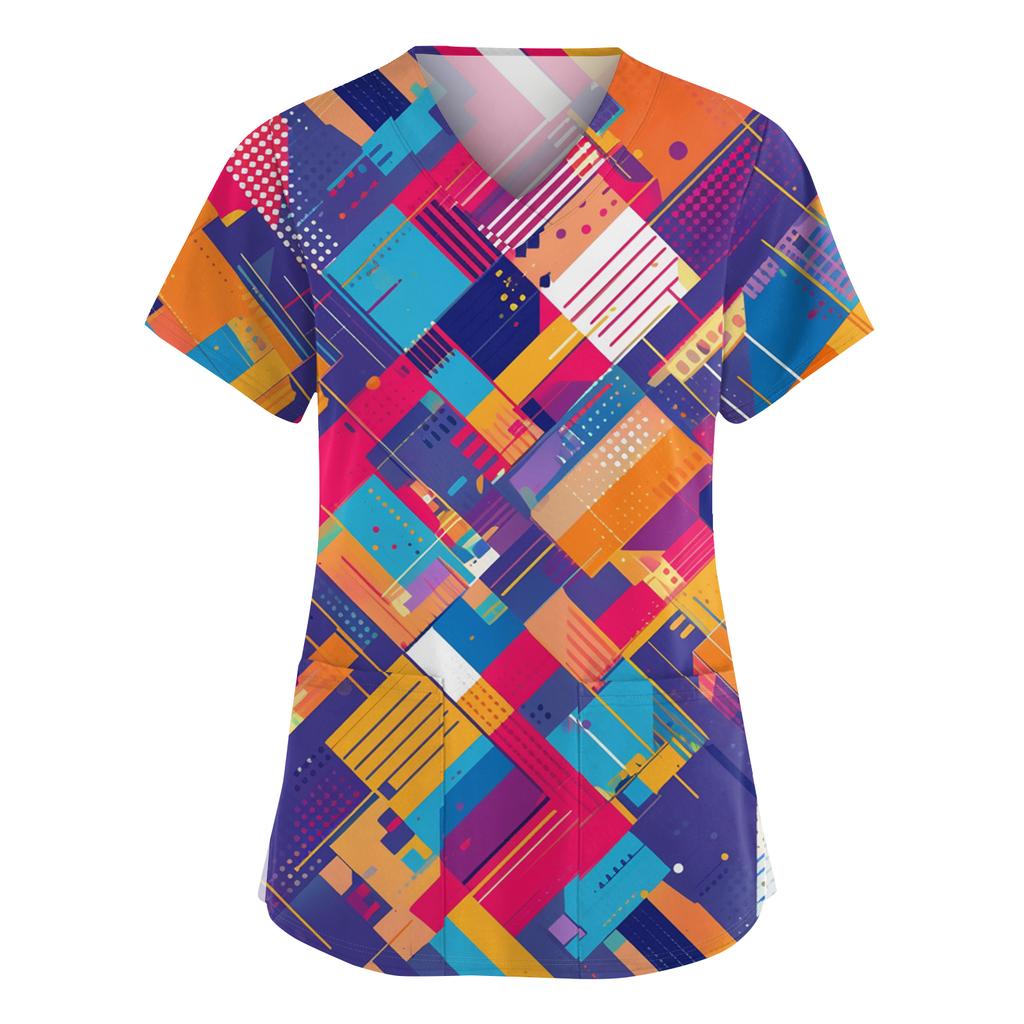 Женский модный рабочий топ с V-образным вырезом, принтом, короткими рукавами, карманом, боковым разрезом, базовый пуловер