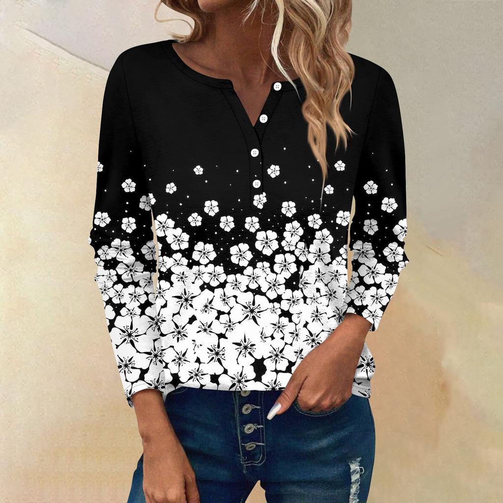 Женские футболки с длинным рукавом и пуговицами, повседневные туники с V-образным вырезом, женские повседневные топы