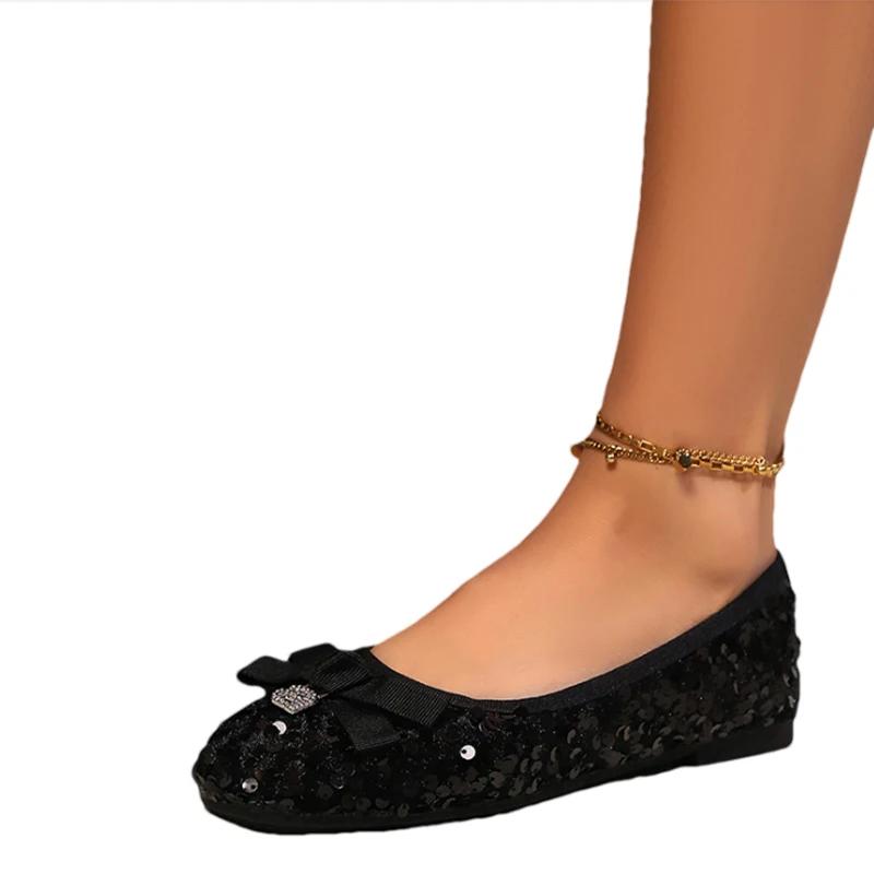 Модные женские туфли-лоферы с бантом и кристаллами на плоской подошве 2024 года, модные новые повседневные кроссовки для бега, удобные прогулочные трендовые женские туфли