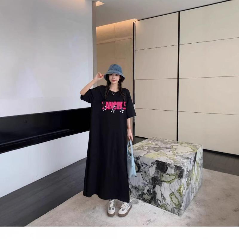 Женское простое повседневное платье с круглым вырезом и короткими рукавами, летнее платье средней длины с разрезом