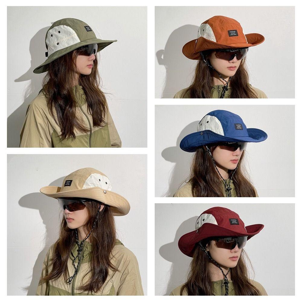 Splicing Color Drawstring Fisherman Hat Cotton Hiking Hat Breathable Wide Brim Sun Hat Travel