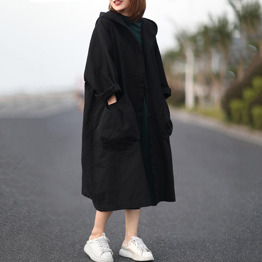 Осень-весна Женское пальто с капюшоном, однобортное, с длинными рукавами, свободный кардиган, длина до середины икры, с завязками, с большими карманами
