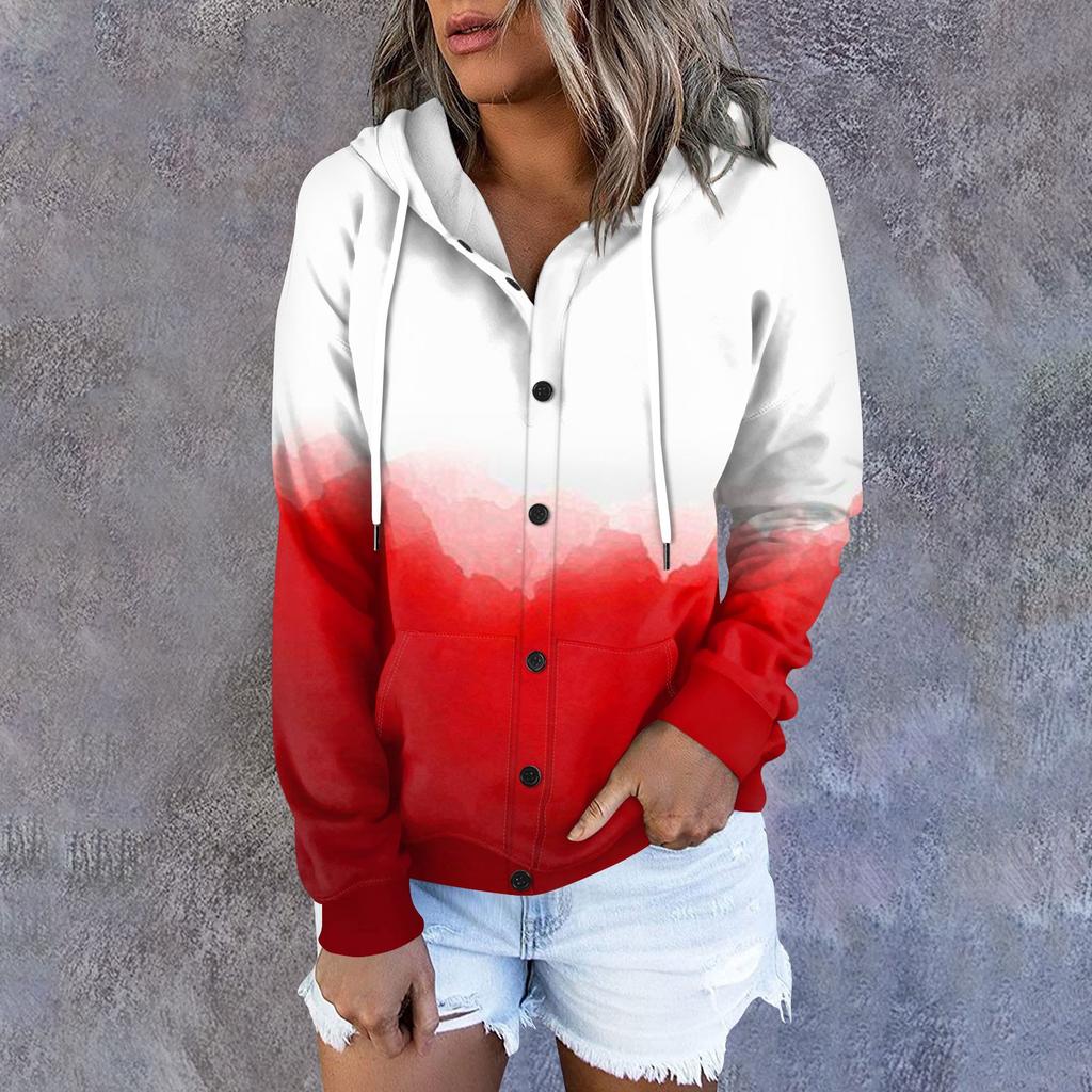 Women's Hoodie, Solid Color Gradient Printed Long Sleeved Loose Hooded Sports Jacket