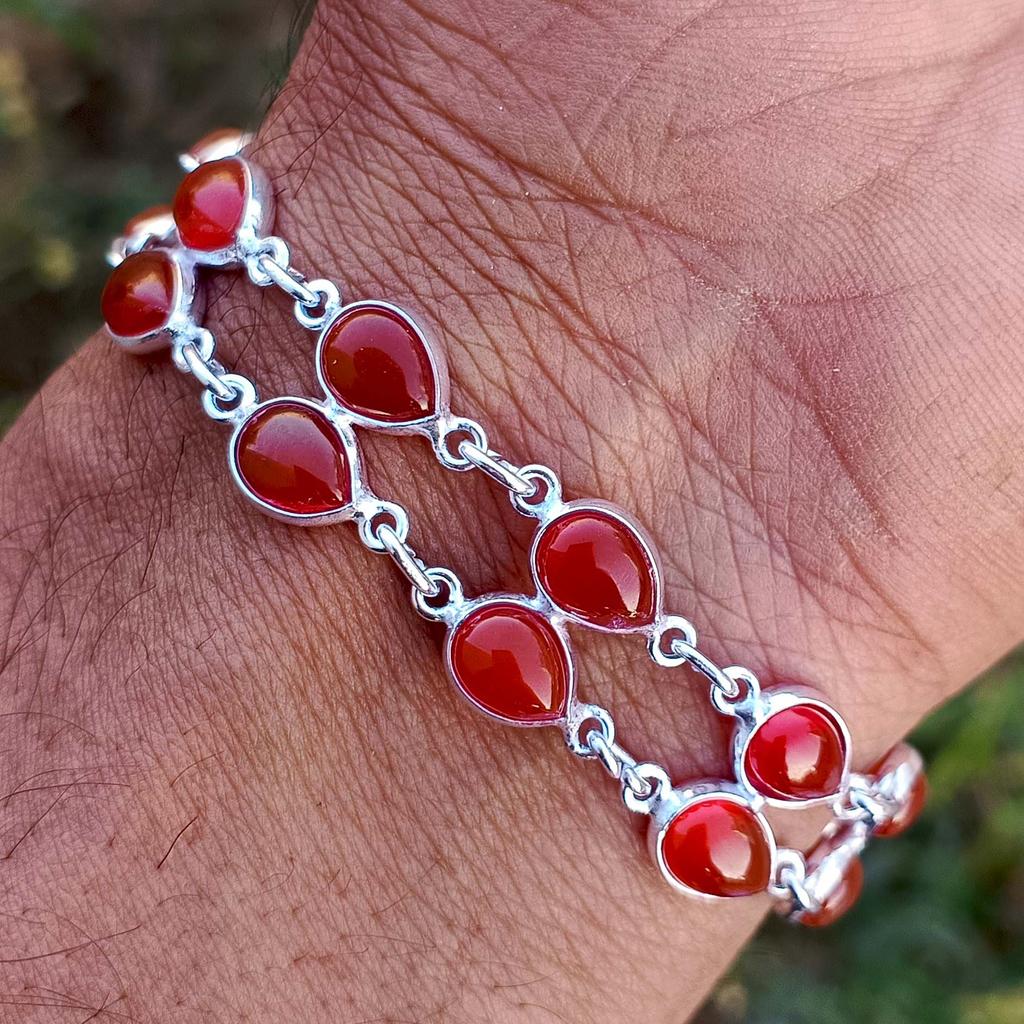 Natural Red Onyx Gemstone 925 Sterling Silver Plated Women Handmade Pear Shape Bezel Bracelet