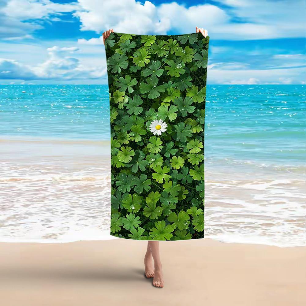 Lucky Four Leaf Clover Floral Texture Large Absorbent Pool Towel for Ladies Outdoor Travel and Sunbathing