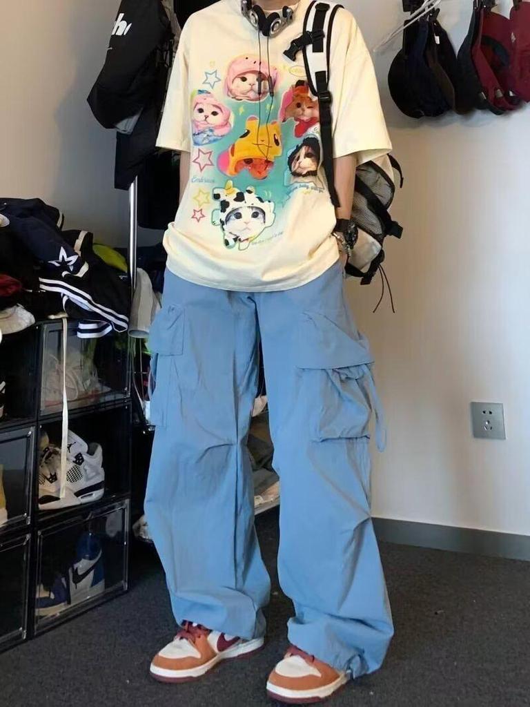 Apricot High-Waist Women's Cargo Jeans: Autumn Multi-Pocket Loose Wide-Leg Slimming Casual Pants