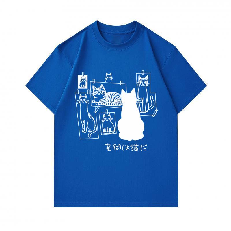 Men's 100% Cotton Crew Neck Short Sleeve T-Shirt, Cute Cat Art Pattern Casual Summer Tee, Comfortable Lightweight Daily Basic Tops for Cat Lovers