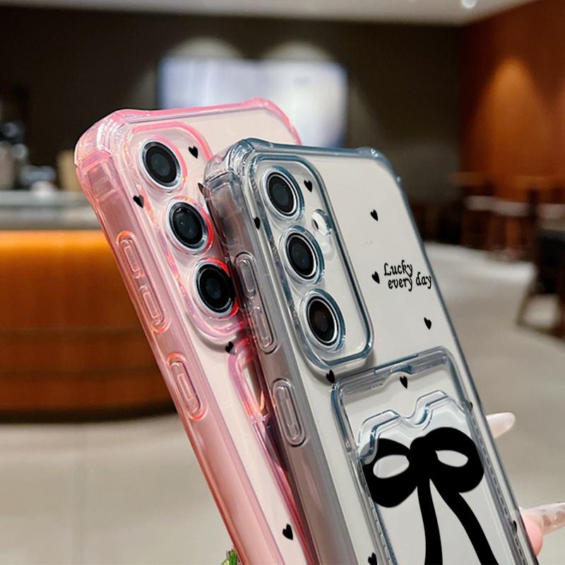 Черный чехол с бантом и слотом для карт, ударопрочный прозрачный чехол для Samsung S25 S24 FE S23 Ultra S22 A56 A36 A55 A16 A06 A15 A26, тонкий, мягкий, силиконовый чехол для телефона