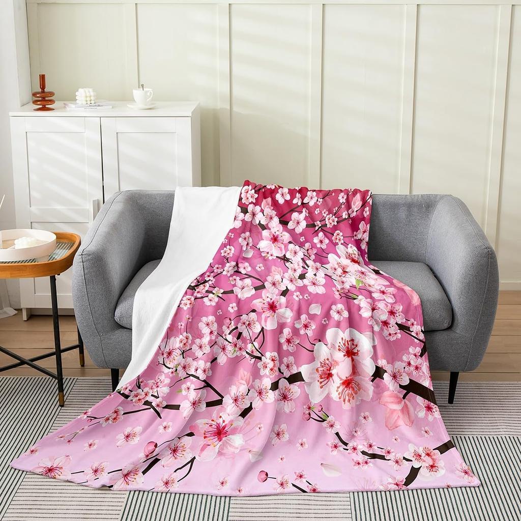 GUOYU Blanket Cherry Blossoms Fuzzy Blanket Queen Japanese Style Fuzzy Blanket Sakura Flower Flannel Fleece Throw Blanket Gradient Pink All